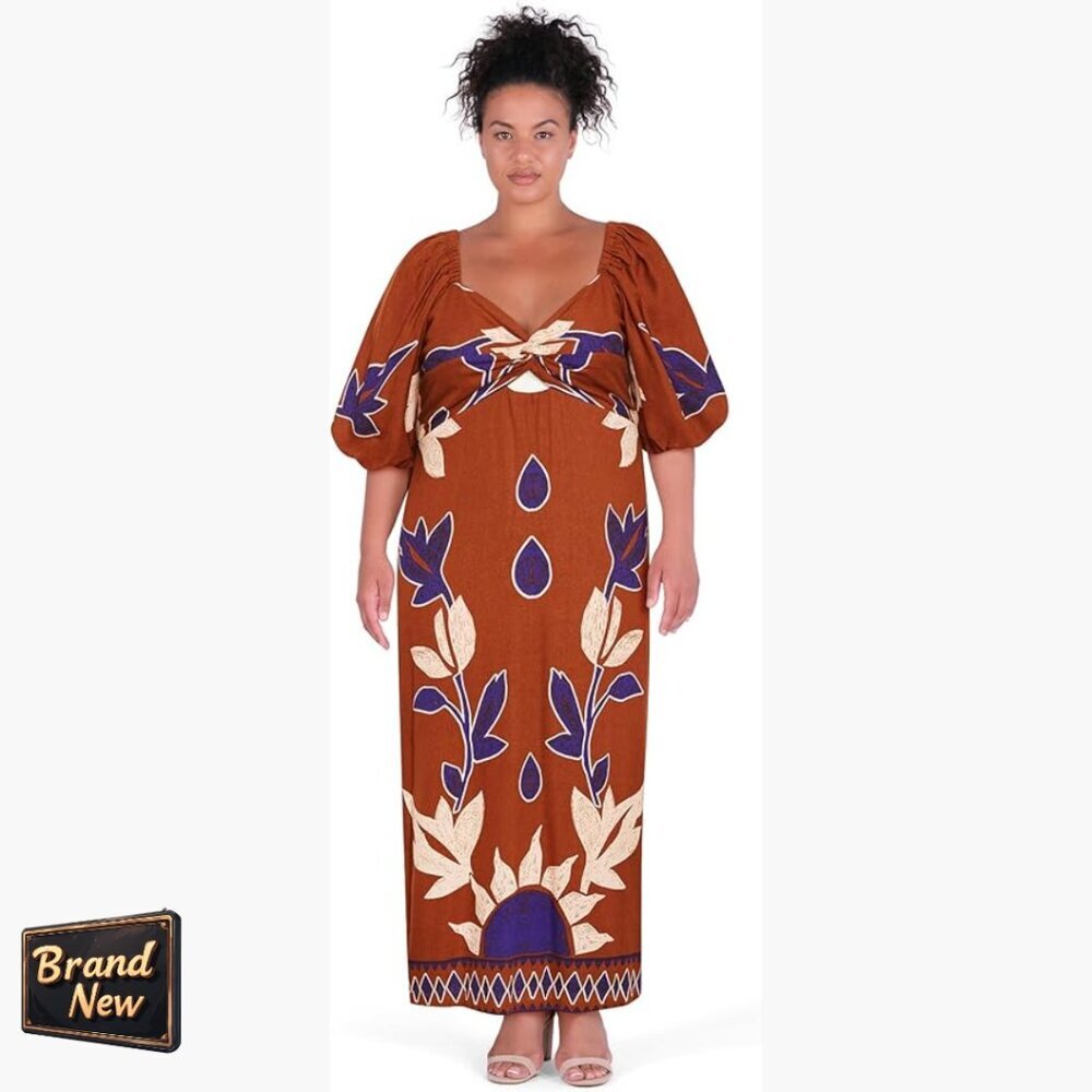 Plus Size Maxi Dress With V-Neck Puff Sleeves Side Slits